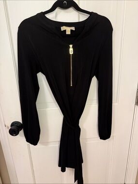 Black Long-Sleeve Tie-Front Dress with Gold Zip
